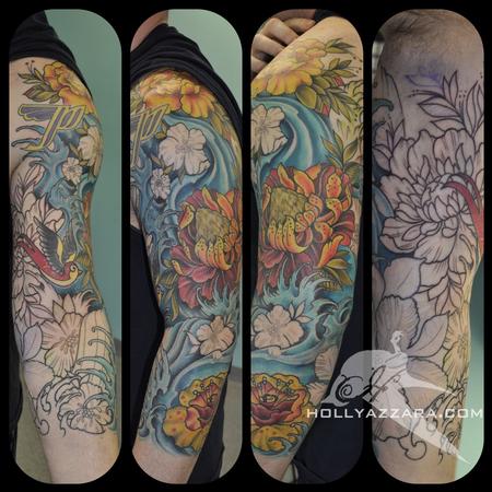 Holly Azzara - Color Tropical FLowers and Waves sleeve in progress